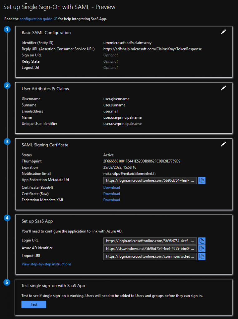 Basic SAML settings in Azure AD federation