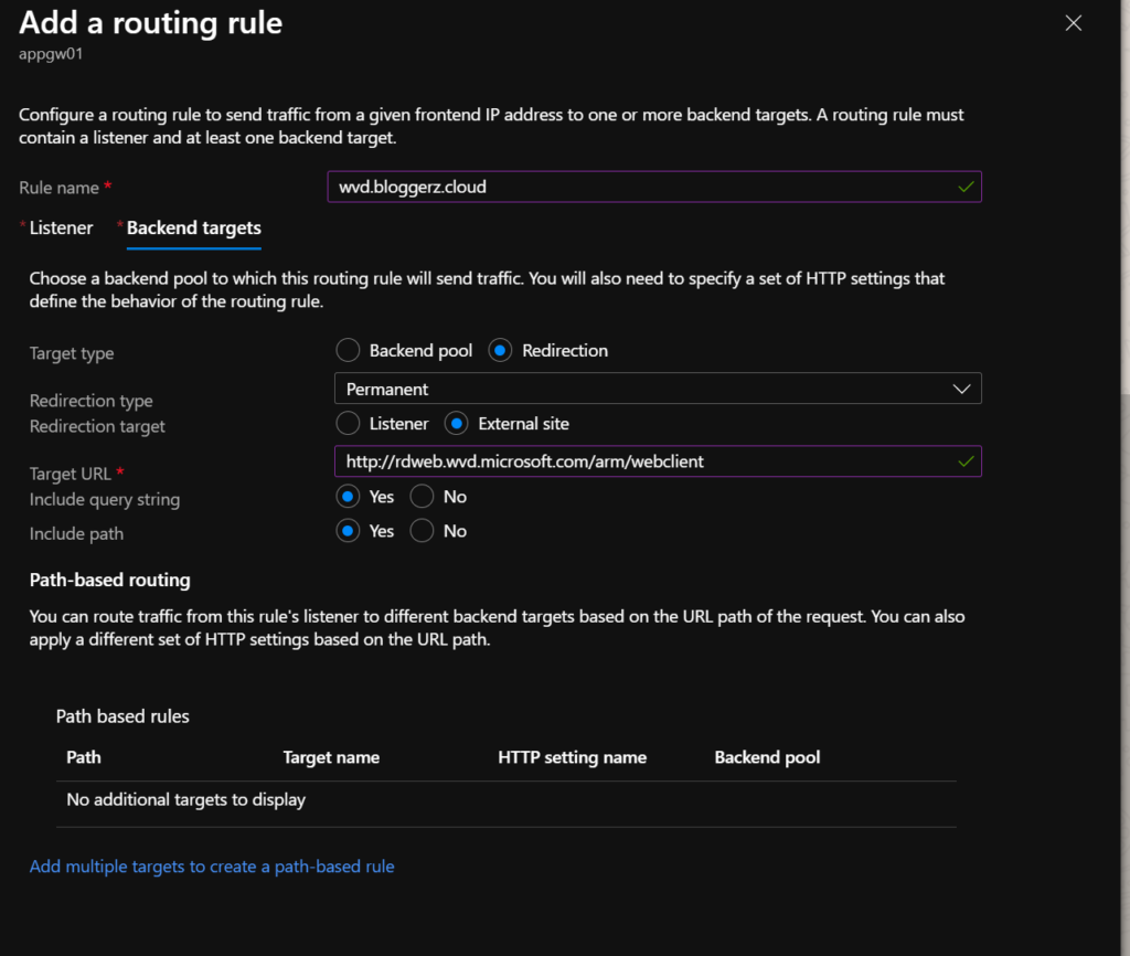 Screenshot of routing rule for url redirections