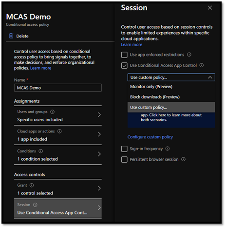 Conditional Access Session Control settings.