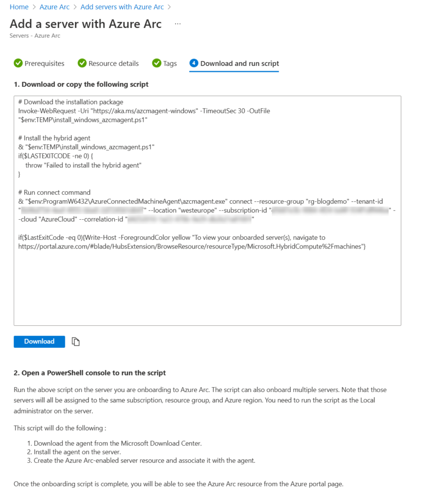 Onboard Azure Arc for server script